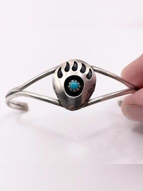Sterling Silver Bear Paw Cuff Bracelet with Turquoise Accent